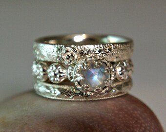 Rainbow Moonstone Wedding Set, Sterling Silver Moonstone Stacking Rings, Promise Ring, Fancy Bezel Setting