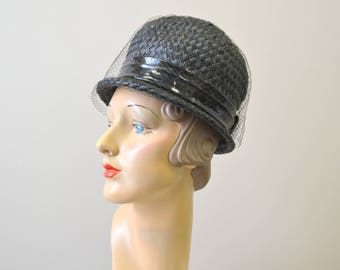 1960s Black Straw Bubble Hat