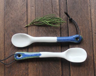 2 handmade ceramic spoons - blue and white glaze