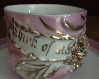 Vintage "Think Of Me" Pink Lustreware Tea Cup & Saucer