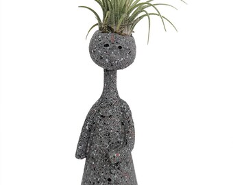 Thinkers Ceramic Vase with Living Air Plant - Gray - 2" x 2" x 7" - Live Trends