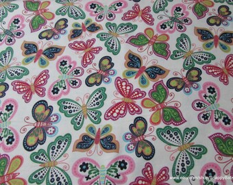Flannel Fabric - Bright Floral Butterfly - By the yard - 100% Cotton Flannel