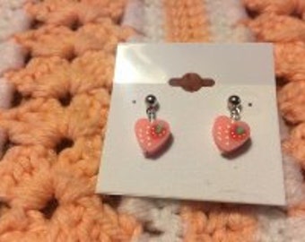 Pink Heart with Strawberry Post Earrings Polymer/Fimo