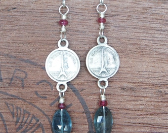 Antique Assemblage Earrings with Eiffel Tower links, rubies and moss aquamarine