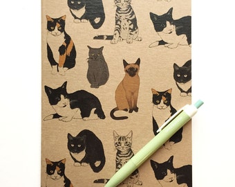 Cat notebook - illustrated cats recycled kraft plain notepad- eco friendly cat gift