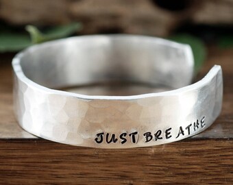 Breathe Cuff Bracelet, Just Breathe, Gift for Her, Hand Stamped Cuff Bracelet, Yoga Gift, Yoga Jewelry, Christmas Gift for Yogi