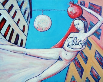 Original oil painting modern art MOTHER FLYING art gallery oil on canvas by Elisaveta Sivas