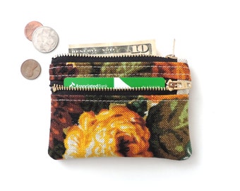 Slim Wallet Pouch Double Zipper Coin Purse Floral Linen