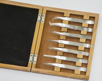 Tweezers set wood box watchmakers jewellers stainless steel craft tools repair