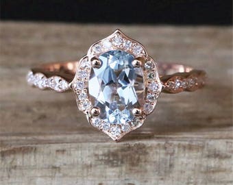 Floral Halo Aquamarine Engagement Ring VS 6*8mm Oval Cut Aquamarine Ring Vintage Gemstone Ring Stackable Promise Ring 14K Rose Gold Ring
