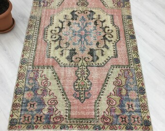 Midcentury Modern Handwoven Oushak Rug,Vintage Fashion Low Pile Distressed Turkish Rug,Livingroom Office Rug 4'1"x6'9"