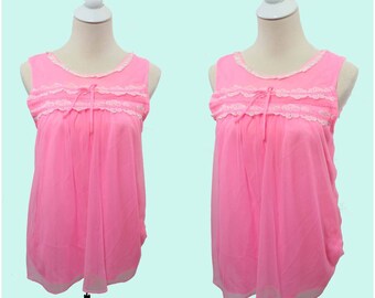 Vintage 50s 60s Bubblegum Pink Chiffon Baby Doll Nightie Top