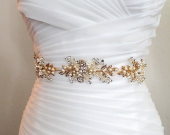10% Off. Gold or Rose gold Leaf Vine Wedding Dress Belt. Boho Crystal Pearl Bridal Sash. Rhinestone Flower Wire Sash. Silver Belt. FLORA