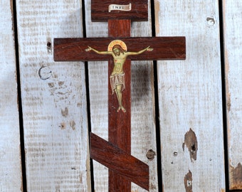 Three Bar Orthodox Cross, Byzantine, Russian Orthodox Cross, Christian Wooden Hand Painted Jesus Christ Russian Icon Wall Crucifix
