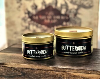 BUTTER BREW Candle | Wood Wick, Soy | Gold Tin | From Huffpo.com Gift Guide for Harry Potter Fans Fantasy Bookworm Fandom