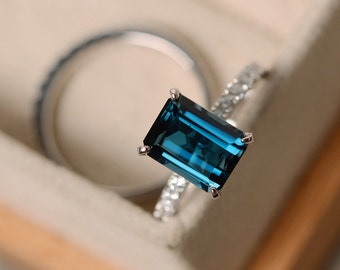 London blue topaz engagement ring, sterling silver, emerald cut, promise rings