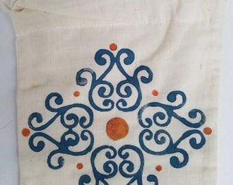 Coin Pouch With Design in Blue and Burnt Orange.