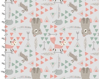 Animal Fabric , Light Gray, Grey, Arrow, Feather, Bear, Fox, Little Ones, 3 Wishes Fabric, Woodland, Forest, Nature, 100% Quilting Cotton