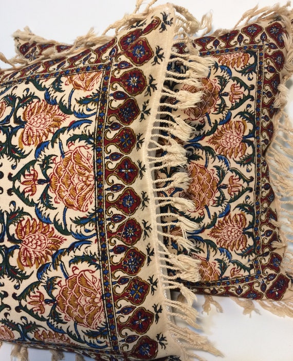 Set of two block printed tapestry pillows, Handprinted red flowers cushions,cottage style gift for new home, 16" decorative pillows