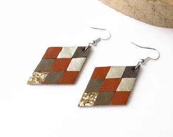 Earrings, Geometric, Leather, Diamond, Camel, Taupe, Gold