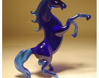 Handmade Blown Glass Figurine Animal Rearing Blue HORSE
