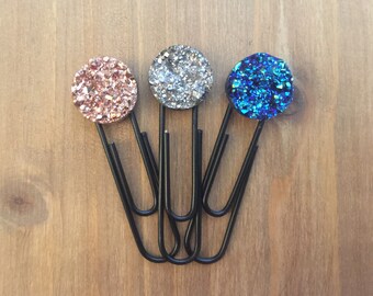 Set of THREE druzy planner clips, druzy paper clips, druzy bookmarks, planner accessories