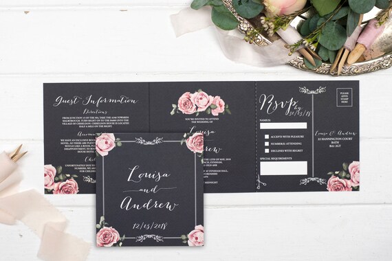 Rustic Wedding Invitation - Double-Folded Chalkboard Floral Framed (landscape)