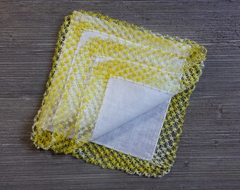 Vintage Hankie, Yellow Crochet Lace, Linen Handkerchief, Yellow Hankerchief