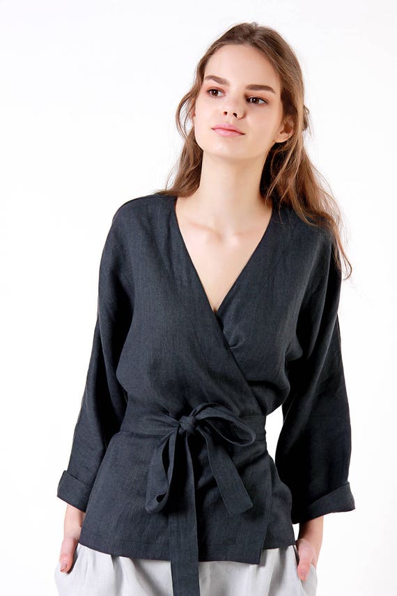 Linen Blouse  Charcoal Linen Wrap  Top Kimono  Linen Top Linen