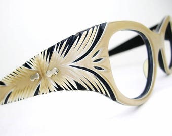 Vintage Carved champagne Cat eye Glasses Eyeglasses Frame 1950s 1960s May