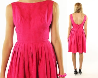 1960s Party Dress Bright Pink Floral Jacquard Sleeveless Pleated Full Skirt Vintage 1960s XS Small S Ro-Nel