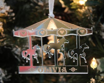 Personalised MERRY GO ROUND /Carousel Fairground Christmas Decoration & Gift Bag