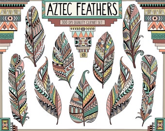 Aztec Tribal Feathers Clipart - Patterned Feather Clipart, Vector Clipart, Tribal Clipart, 300 DPI Commercial Use Digital Clipart Set
