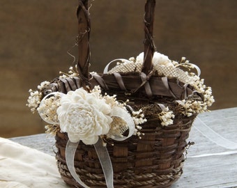 Rustic Flower Girl Basket Sola Flowers with Burlap Round Twig Basket Barn Wedding Made to Order Please Read Item Details