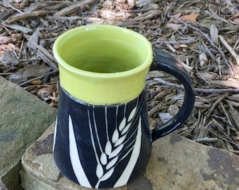 Chartreuse Black and White Pottery Mug Wheat Design Handmade by Daisy Friesen