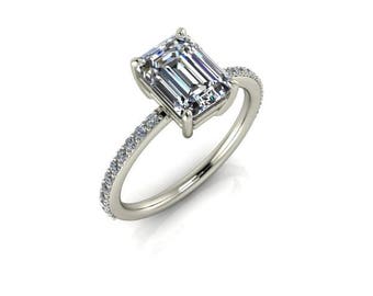 Emerald Cut Moissanite Engagement Ring, 1.75 Carat Emerald Cut Forever One Moissanite, 14k White Gold, Contemporary Engagement Ring