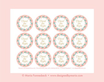 Pink Chews the Right CTR Favor Tag Printable: LDS Primary or LDS Girl Baptism 2.25" circle tags -- Decoration for Goodie Bags or Bubble Gum