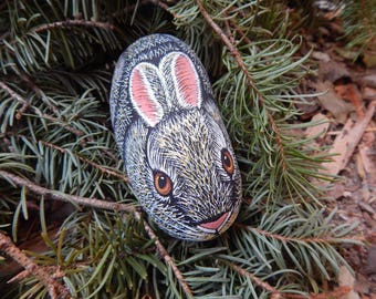Bunny painted rock, Cottontail rabbit painting, Bunny painted rock art