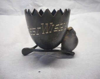 Vintage Chick & Egg on Wishbone Silver plated Toothpick Holder, "Best Wishes."