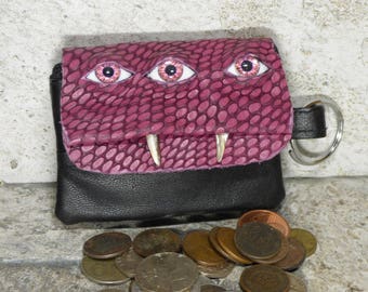 Coin Purse Zippered Change Purse Pink Black Leather Monster Face Pouch Key Ring Harry Potter Labyrinth 32