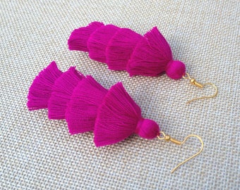 Fuschia Long Tassel Earrings Pink Layered Tassle Earrings, Hot Pink Earrings, Fuschia Earrings,Dangle Earrings, Tassle Earrings,Pink Tassels