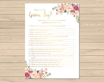 Gold Boho What Did the Groom Say Game, Printable Pink Floral Boho What Did the Groom Say Activity, Bohemian Game, Instant Download, 110-G