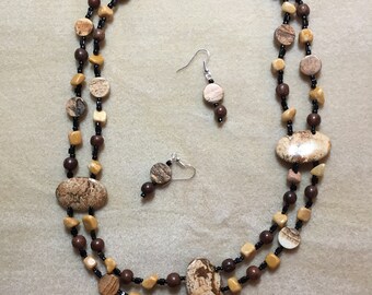 Double strand Paintbrush Jasper and Wood Necklace and Earrings