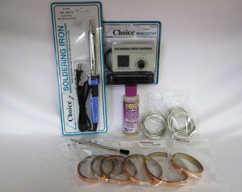 Stained Glass or Jewelry Soldering Kit, 60/40 + Lead Free Solder, Variety Copper Foils, Soldering Iron, Tinners Block,