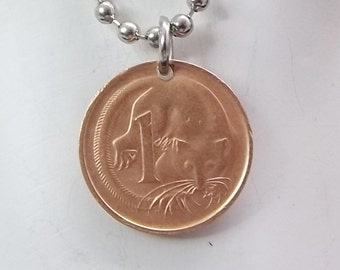 Australian Coin Necklace, 1 Cent, Coin Pendant, Men's Necklace, Women's Necklace, 1977