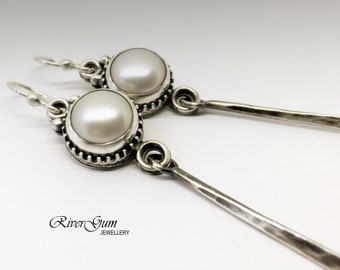 Sterling Silver Freshwater Pearl Earrings, White Pearl Earrings, Silver Dangle Earrings, Long Silver Earrings, Metalsmith Jewelry