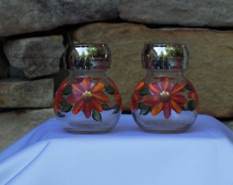 Hand Painted Glass Salt and Pepper Shakers with Daisies