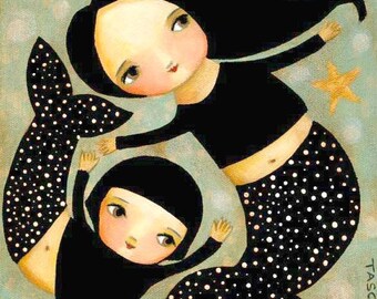 PRINT Mermaid Mama and Daughter cute poster print made from my folk art painting by tascha