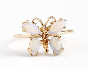 Butterfly Opal Ring - Retro 14k Yellow Gold Figural Insect Gemstone - Size 5 1/2 Stick Pin Conversion Mid Century 1960s Fine Jewelry
