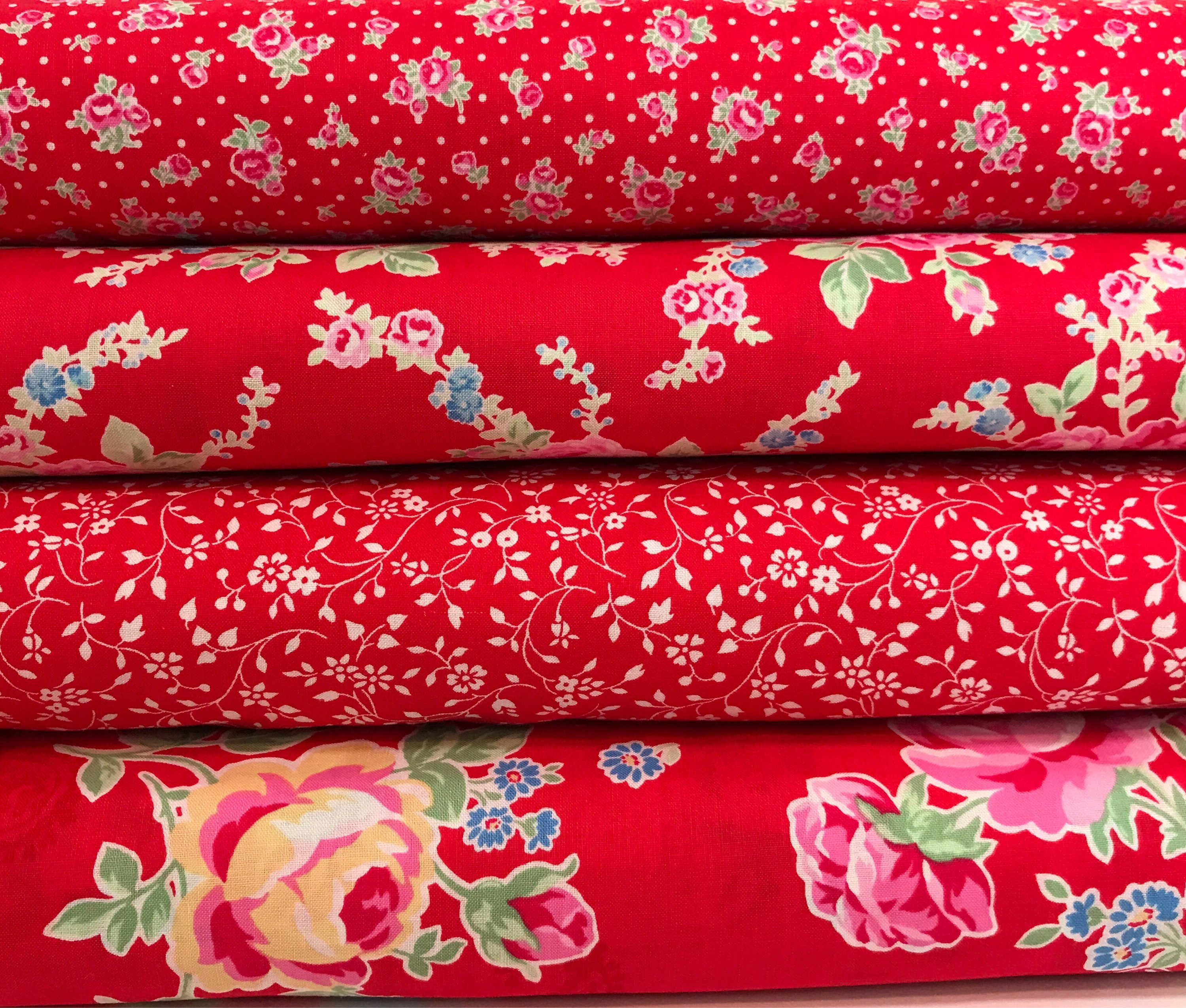 Bundle of 4 Red Floral Cotton Fabrics from the Flower Sugar